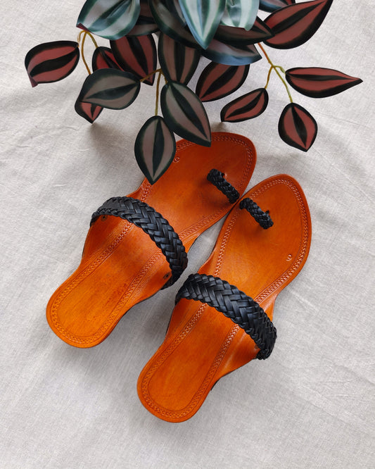 Tan coloured with black Patti with block heels