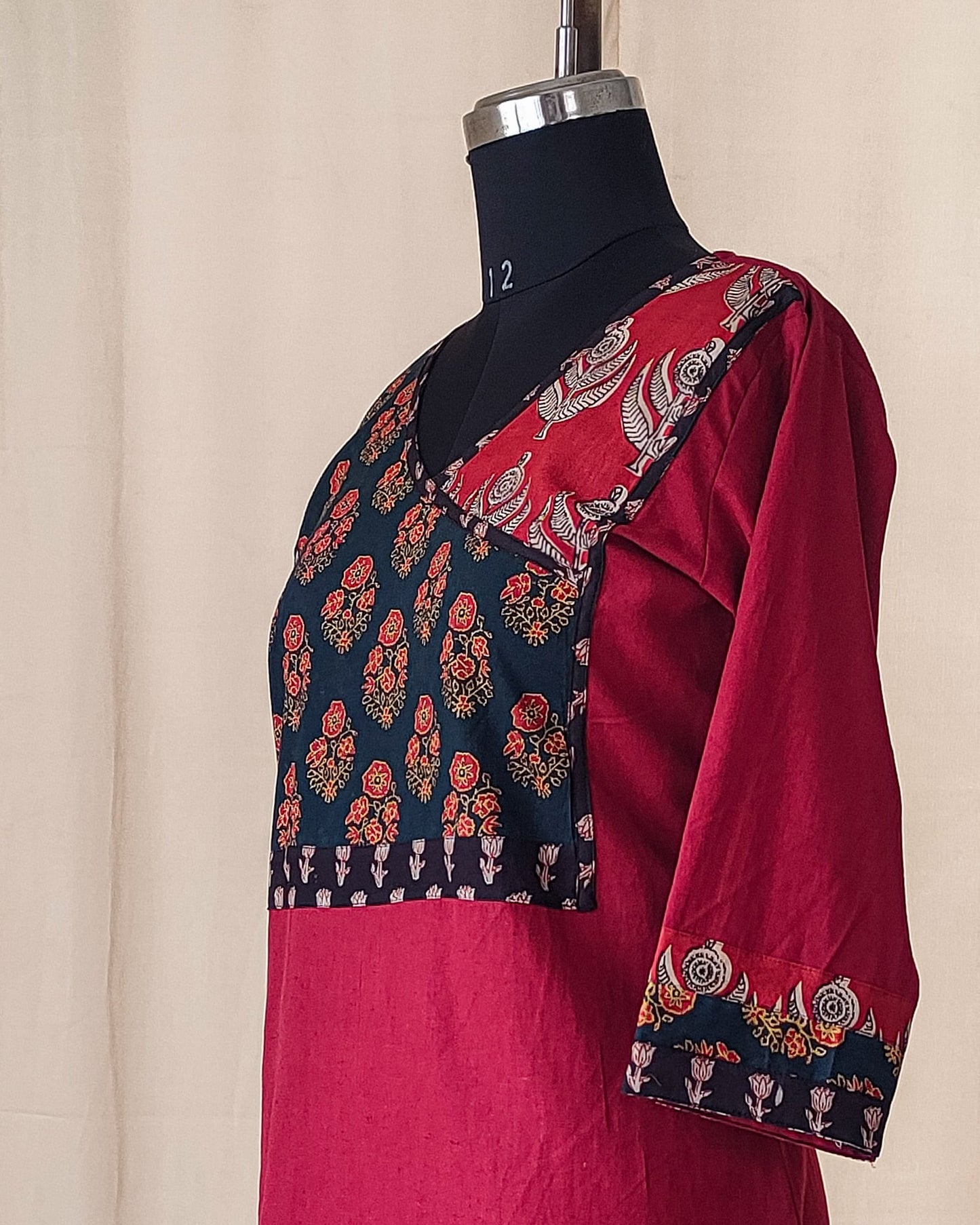 175 Maroon Kurta with a Multicoloured Yoke Patch