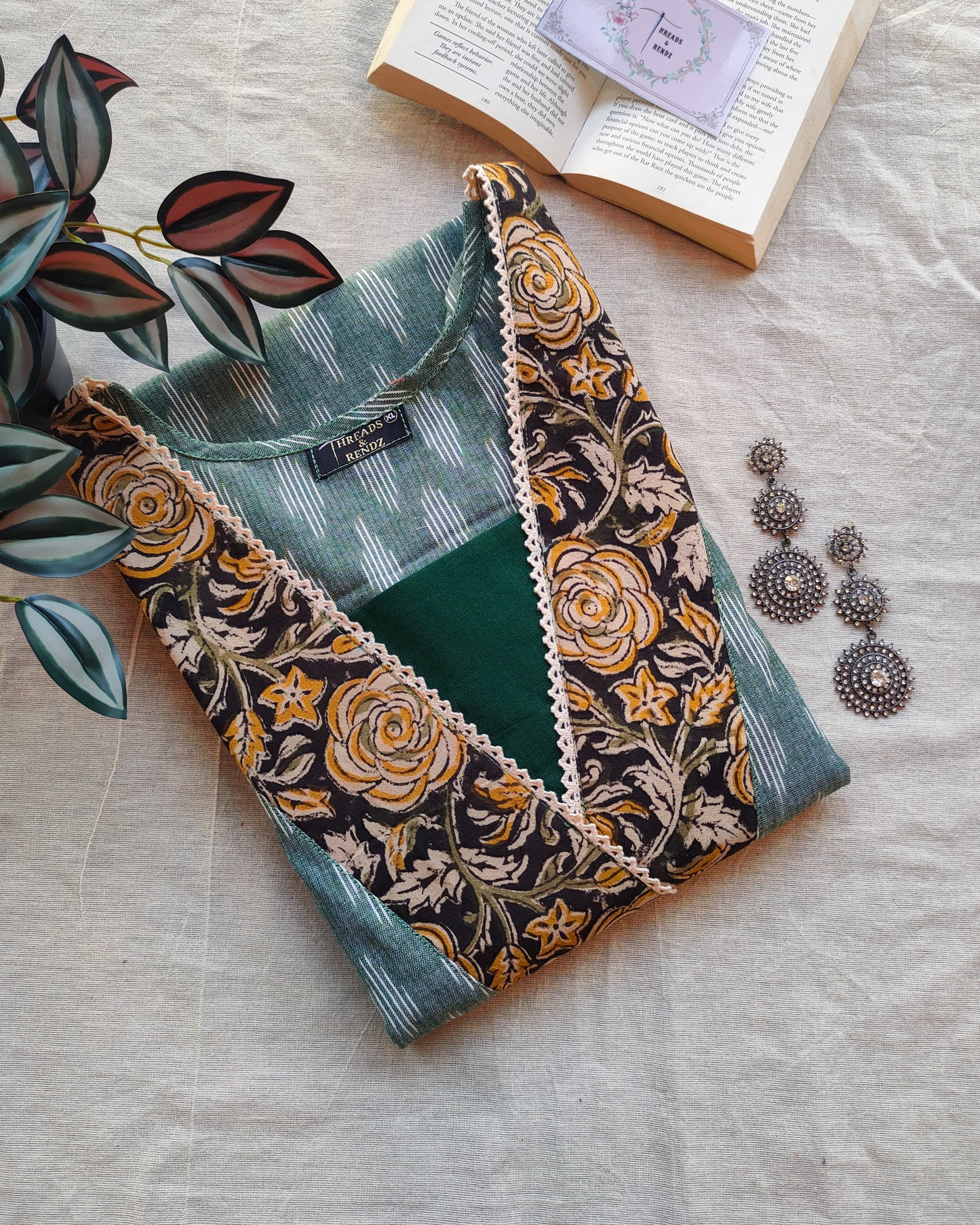 213	Light green ikkat kurta with kalamkari patch