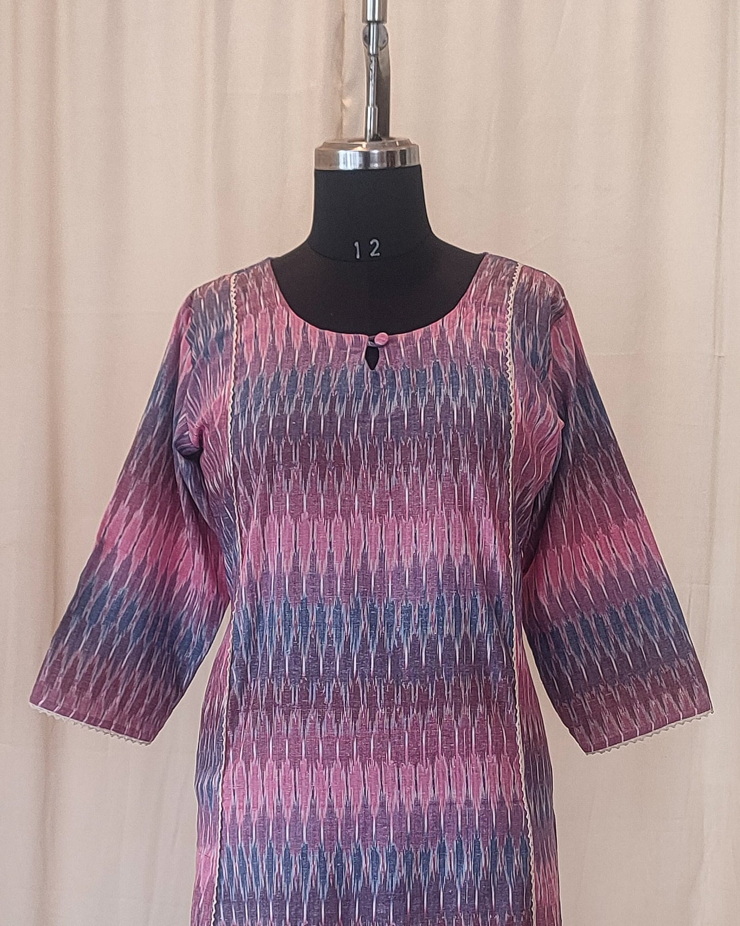 149 Pink and Blue Pastel Shade Ikkat Kurta with Cream Lace Detailing