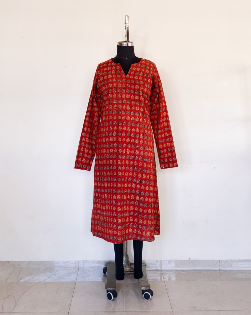 280 Red printed A line kurta with chudi sleeves