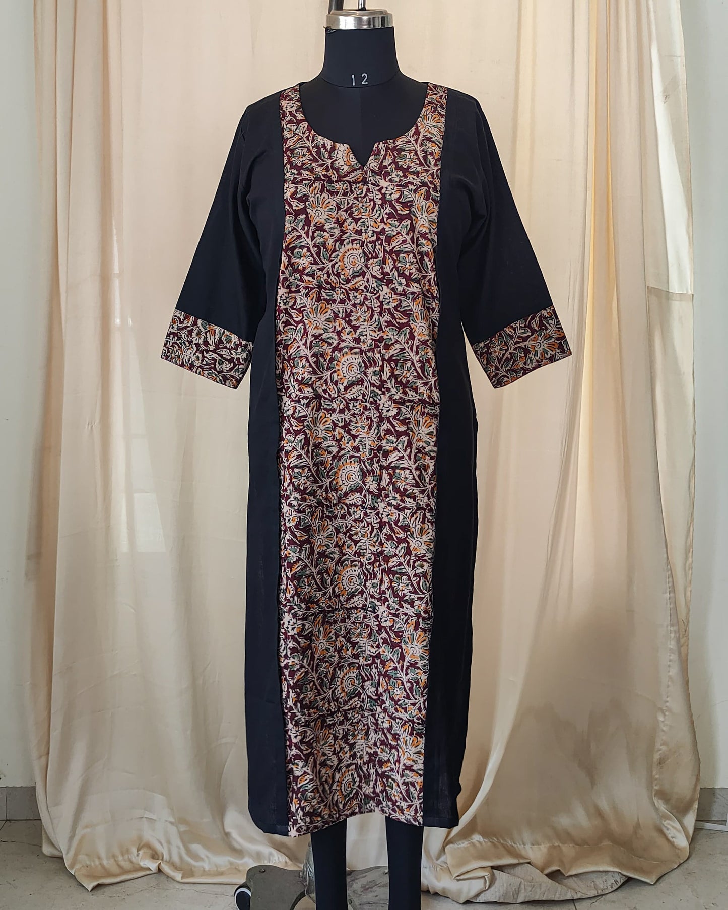 173 Black with maroon kalamkari panel pattern