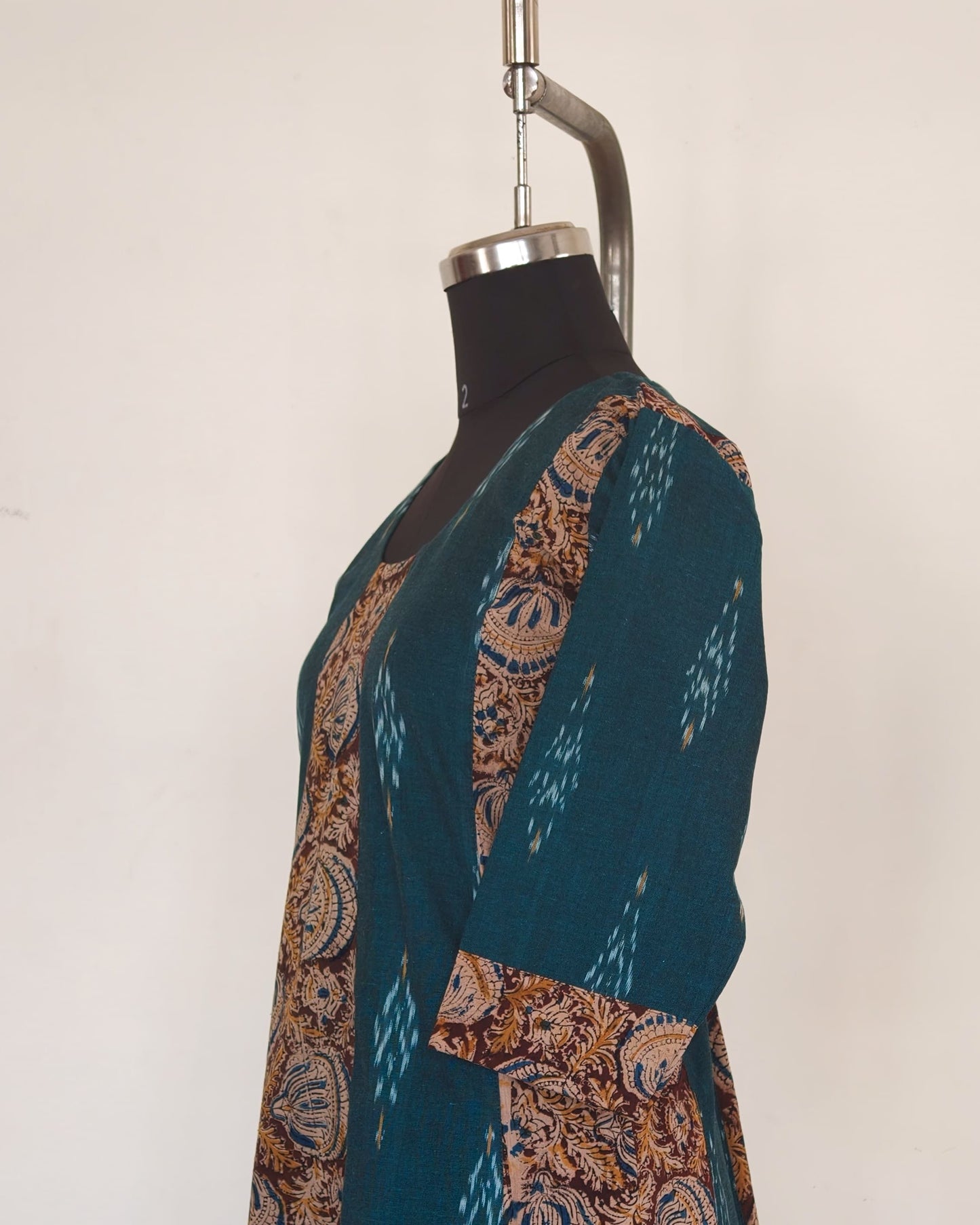 252 Green ikkat and maroon kalamkari flare kurta