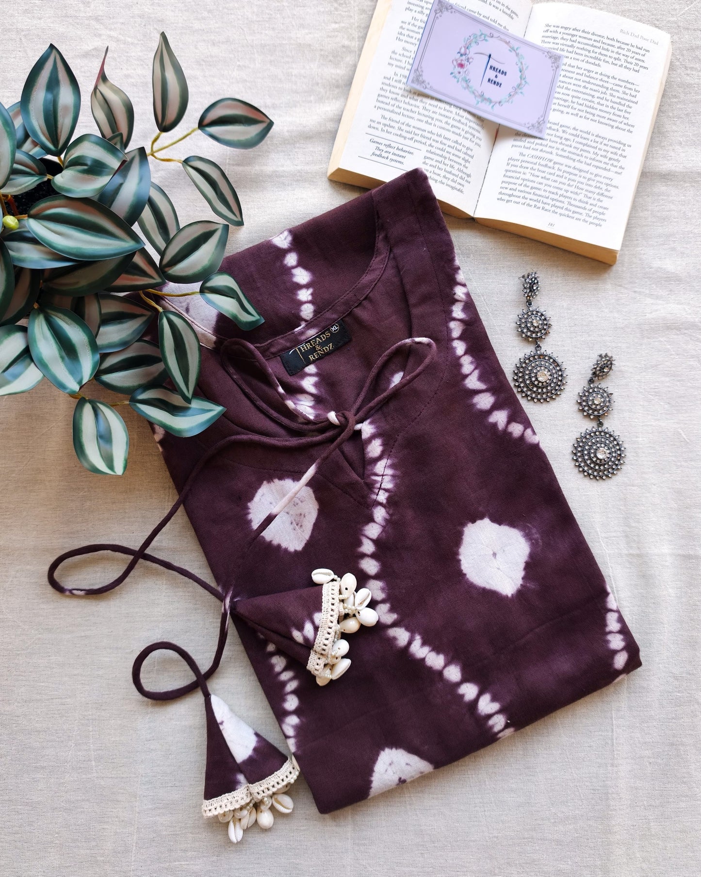 251 Brown Tie n Dye kurta with shells tassel