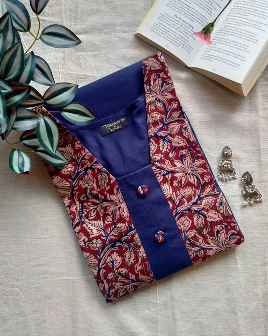 188 Navy blue kurta with kalamkari patch and buttons