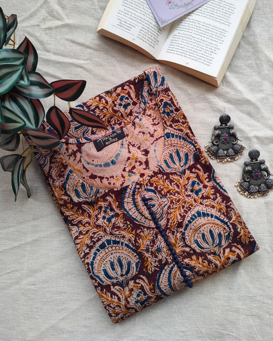 196	Maroon kalamkari A-line kurta with blue potlis