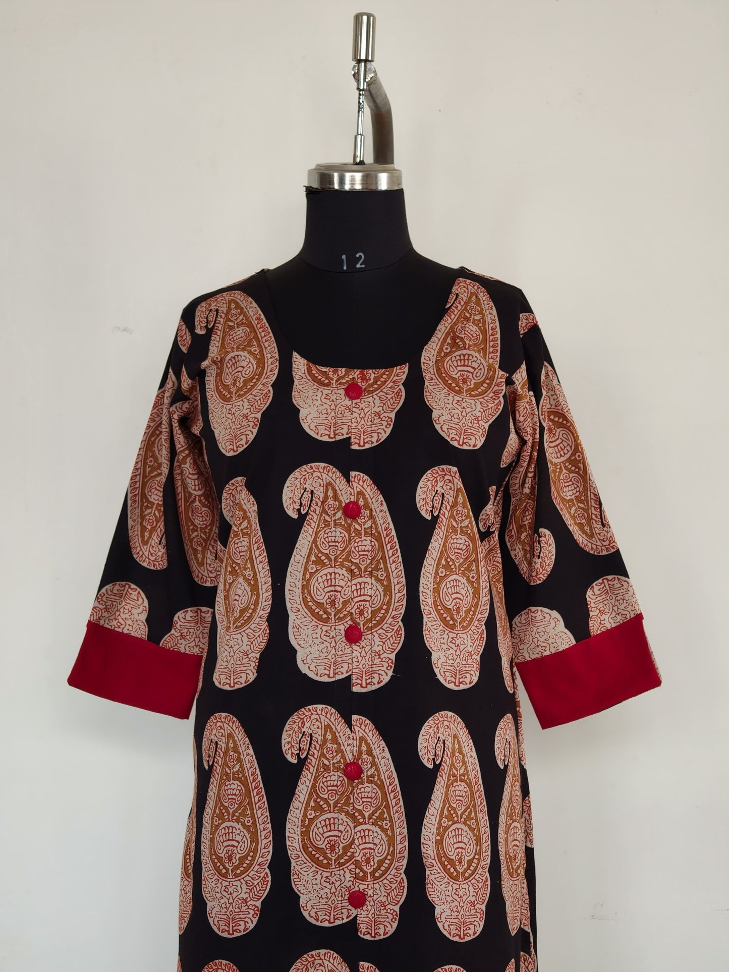 234 Black Bagru print kurta with Red buttons