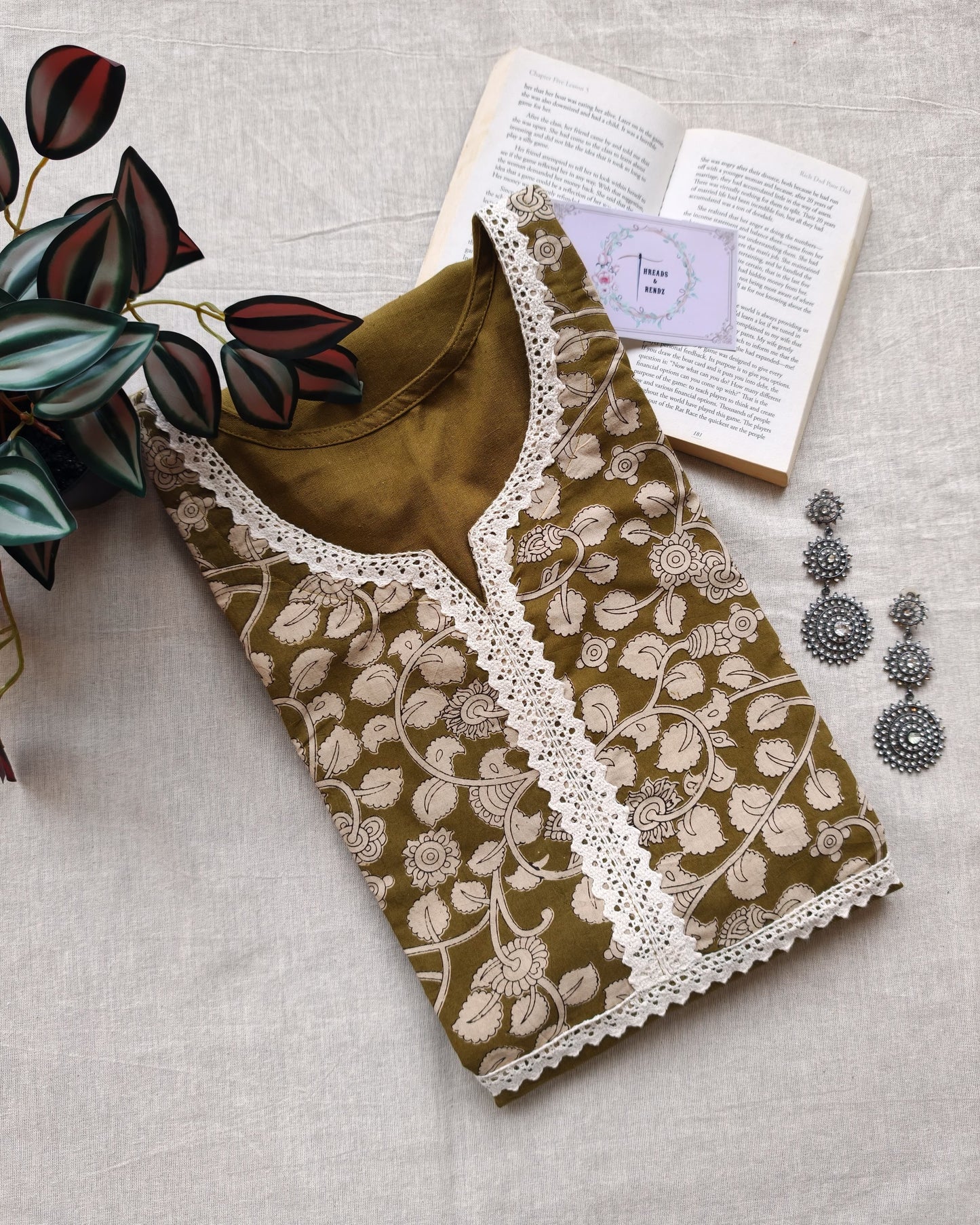 289 Olive green kurta with yoke patch and lace detailing