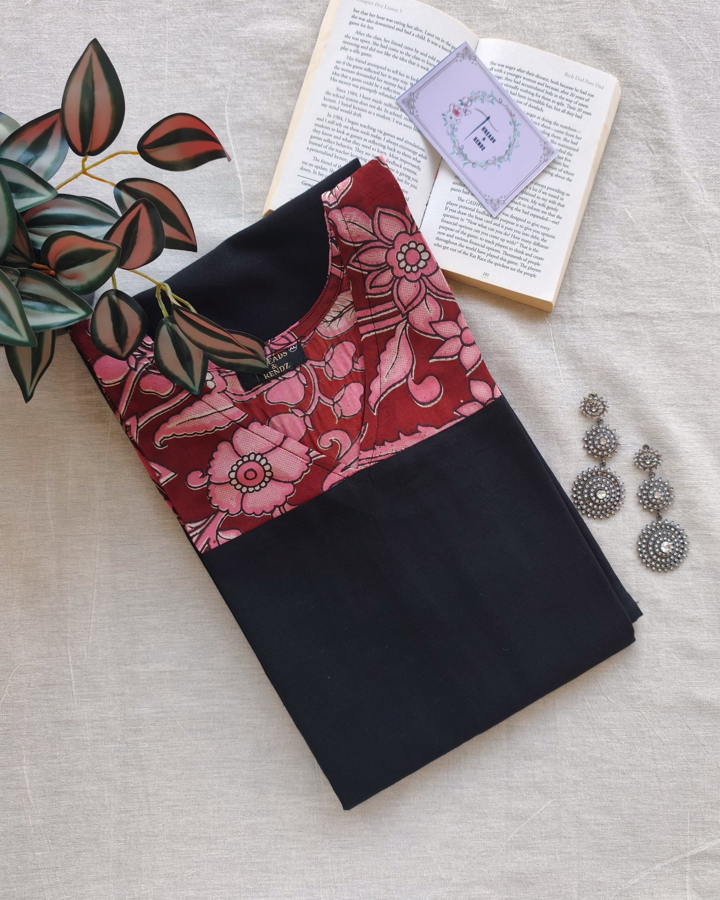 271 Black with Red and pink fancy silk kalamkari bell sleeves