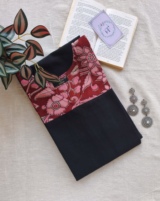 271 Black with Red and pink fancy silk kalamkari bell sleeves