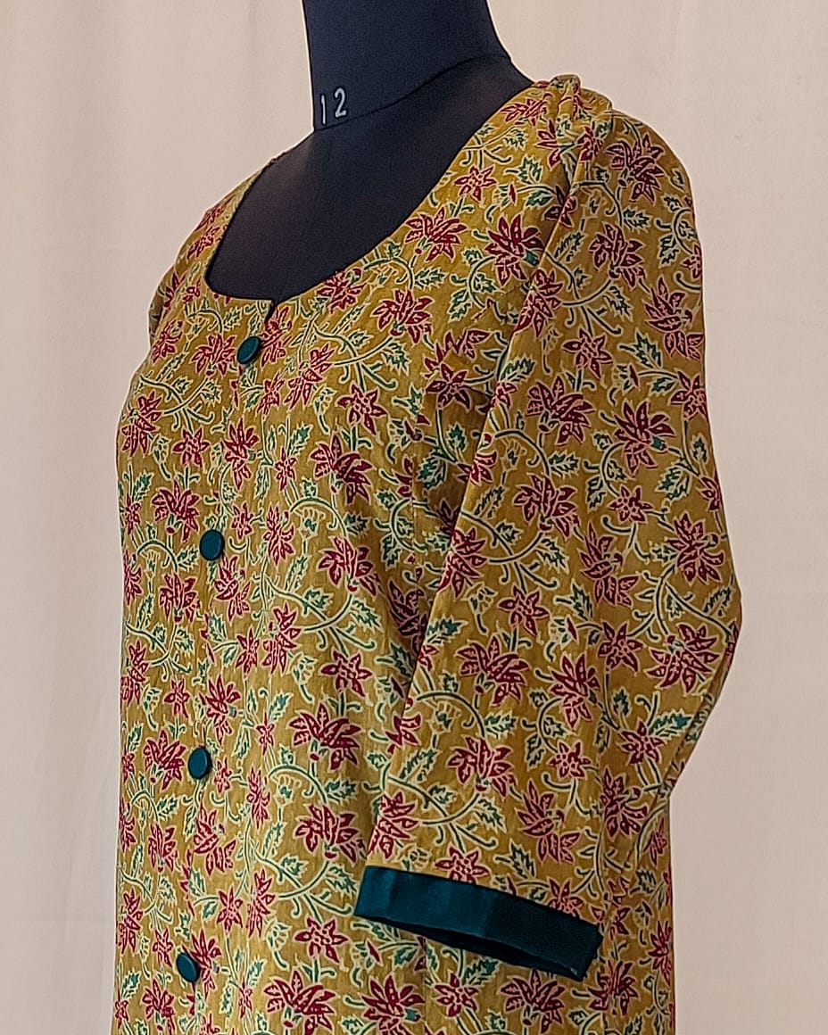 156 Yellow Ajrakh kurta with Green buttons