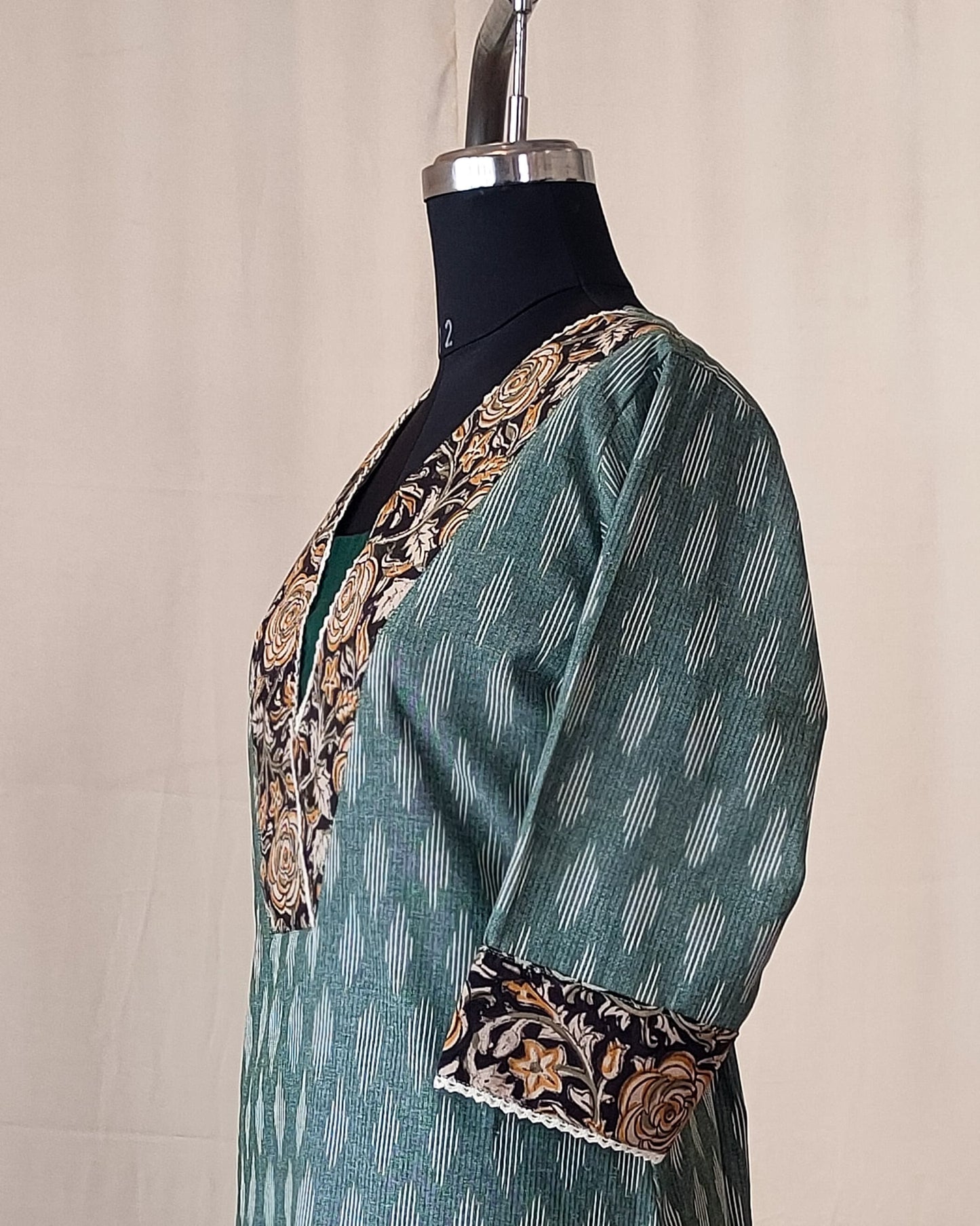 213	Light green ikkat kurta with kalamkari patch