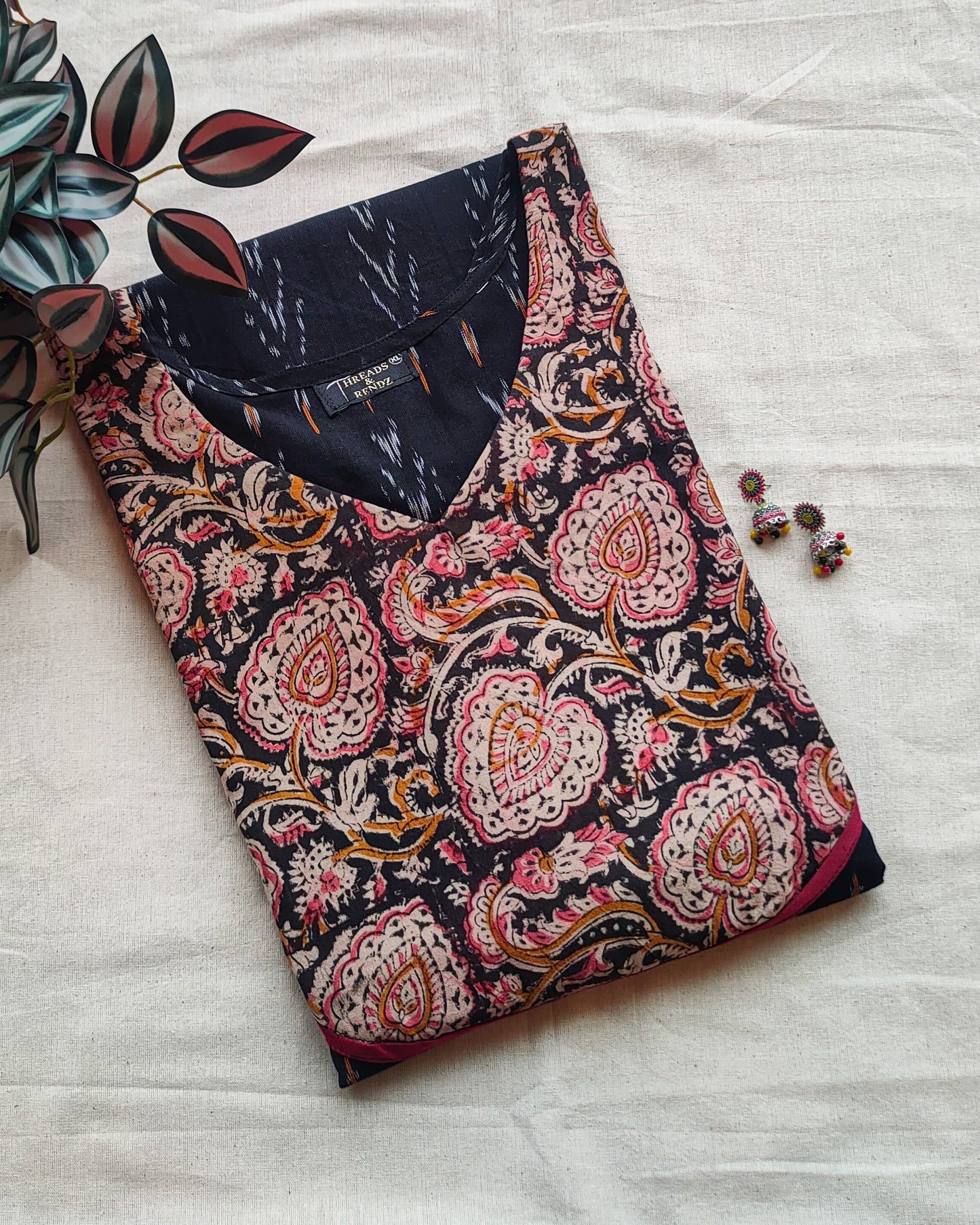 284 Black ikkat with kalamkari patch
