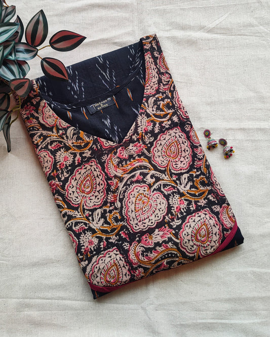 284 Black ikkat with kalamkari patch