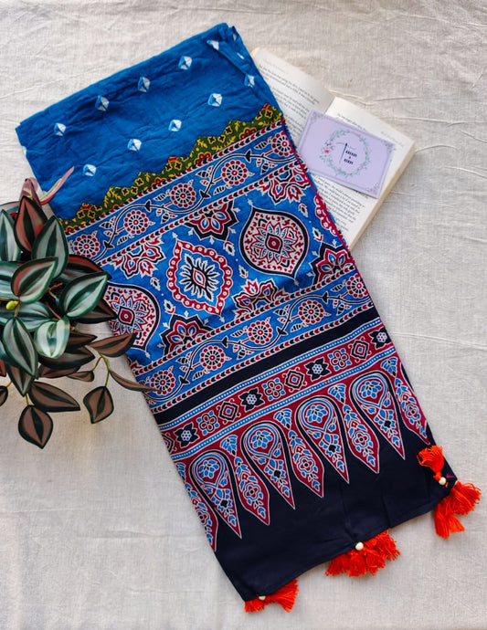 Blue Bandhej with ajrakh pallu mul cotton dupatta