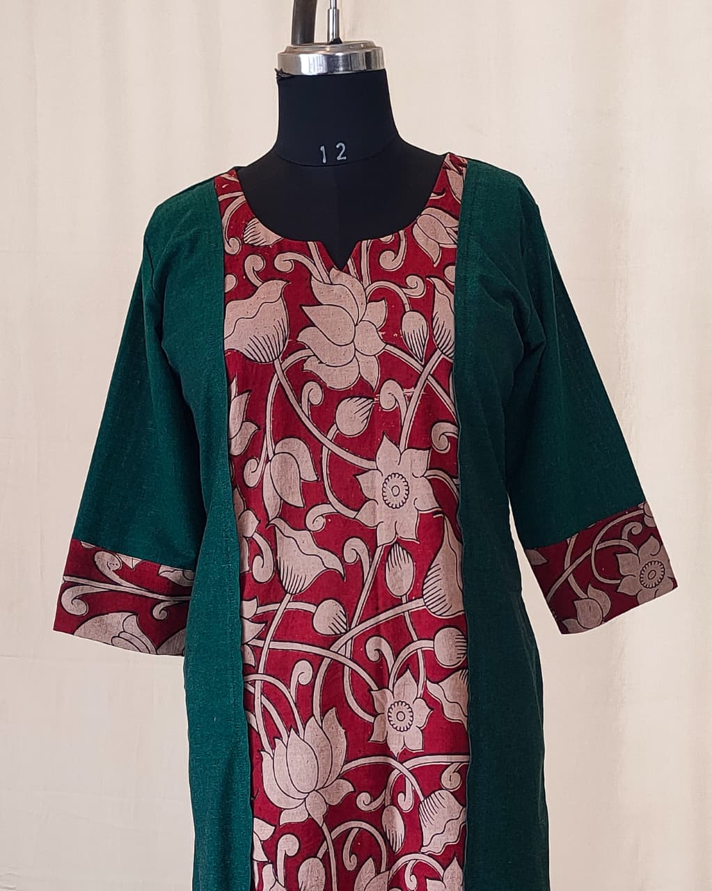 198	Bottle green with kalamkari panel straight cut kurta