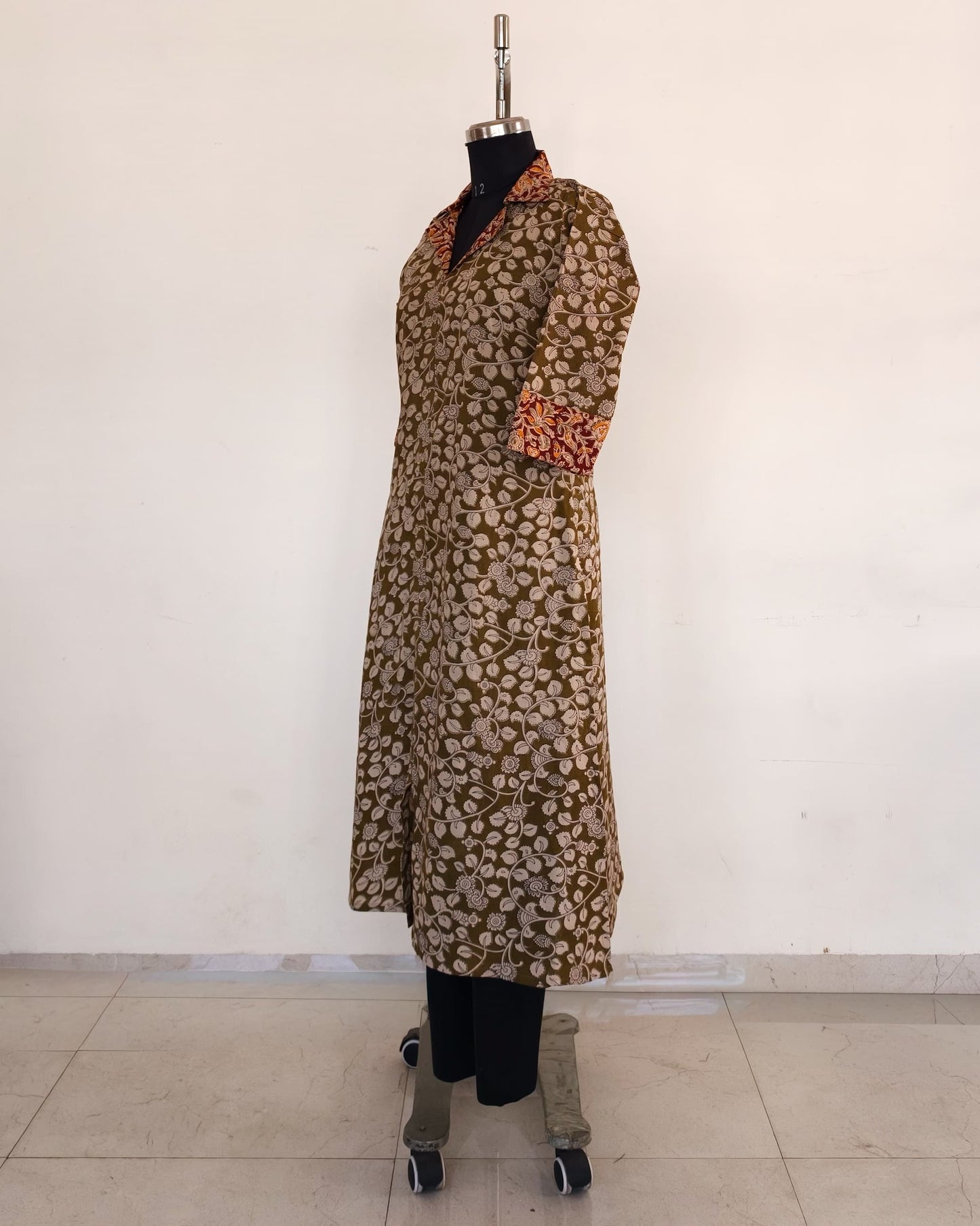 229 Olive Green Kalamkari Kurta with Collar