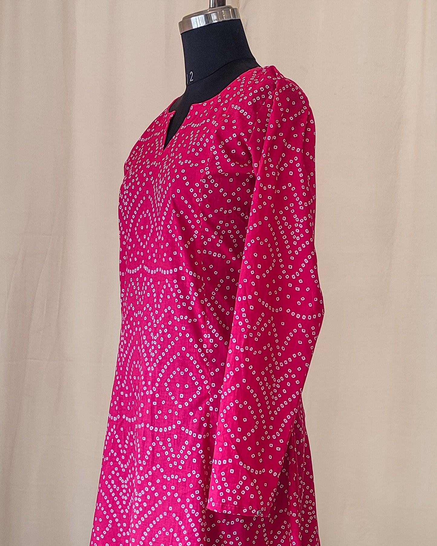 155 Pink bandhani print fit n flare kurta with chudi sleeves