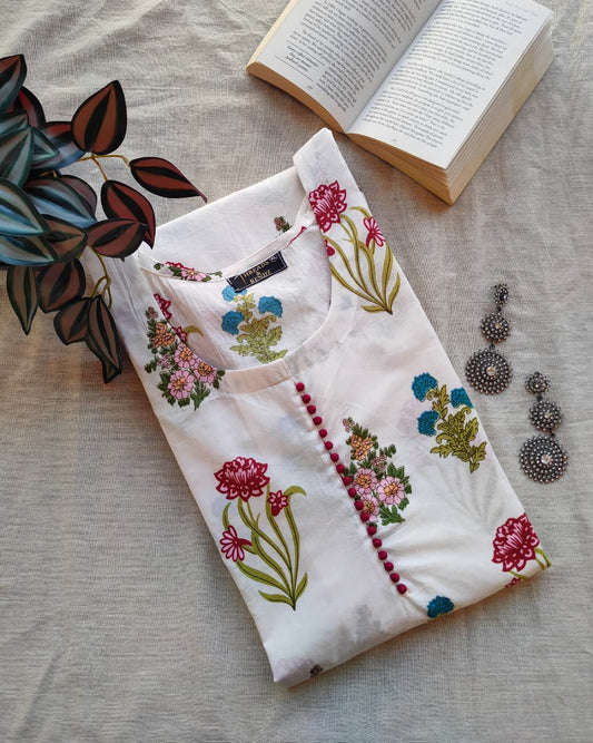 191 White Printed A-Line Kurta