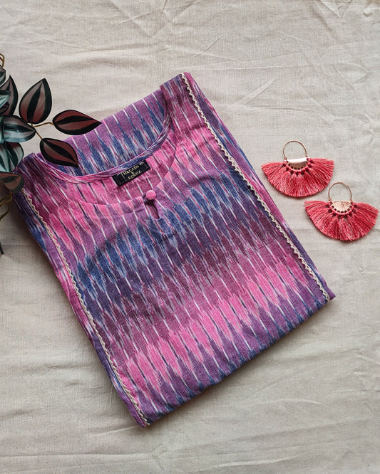 149 Pink and Blue Pastel Shade Ikkat Kurta with Cream Lace Detailing
