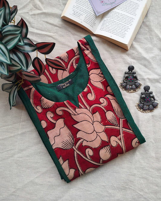 198	Bottle green with kalamkari panel straight cut kurta