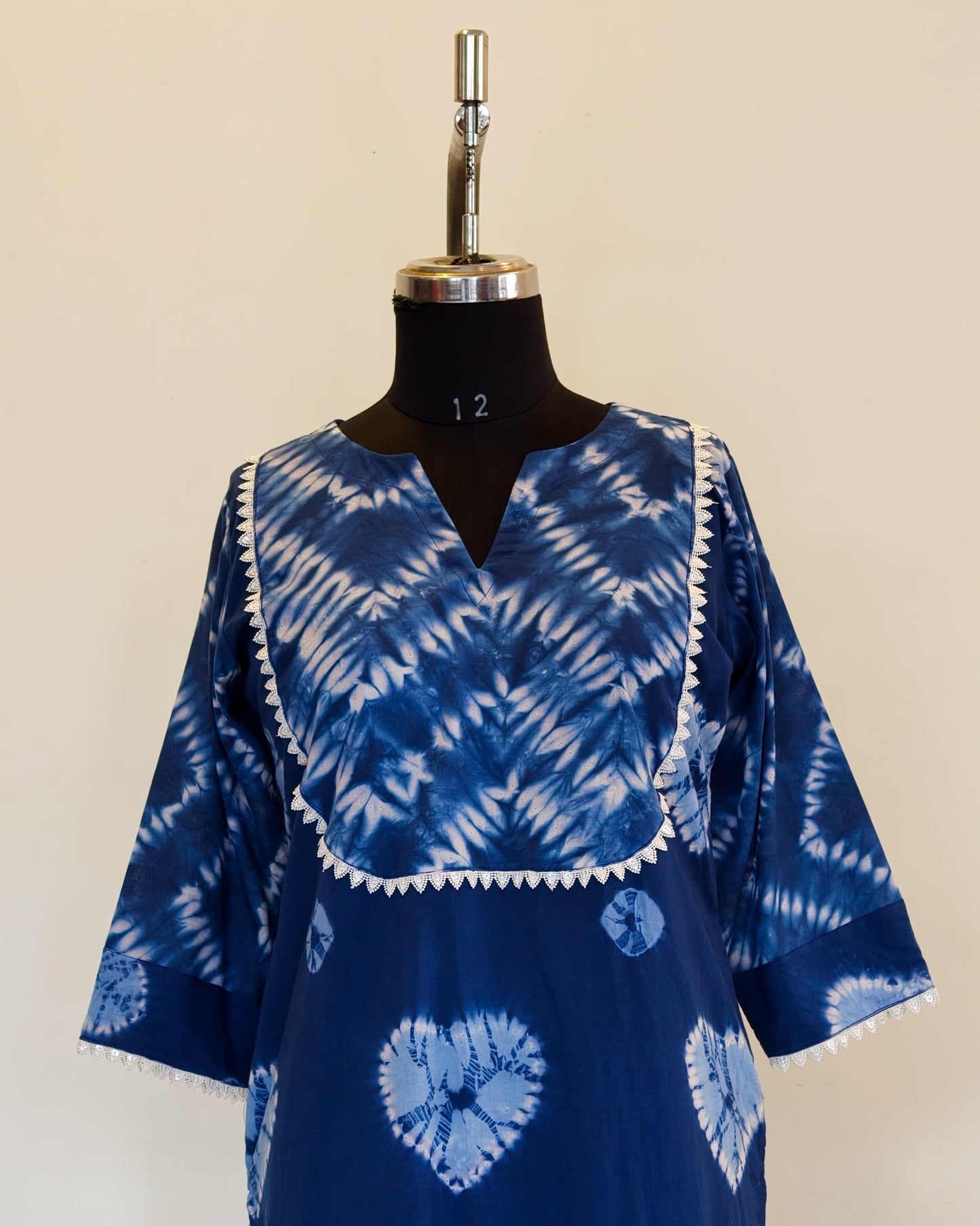 287 Navy blue Shibori kurta with yoke patch and lace