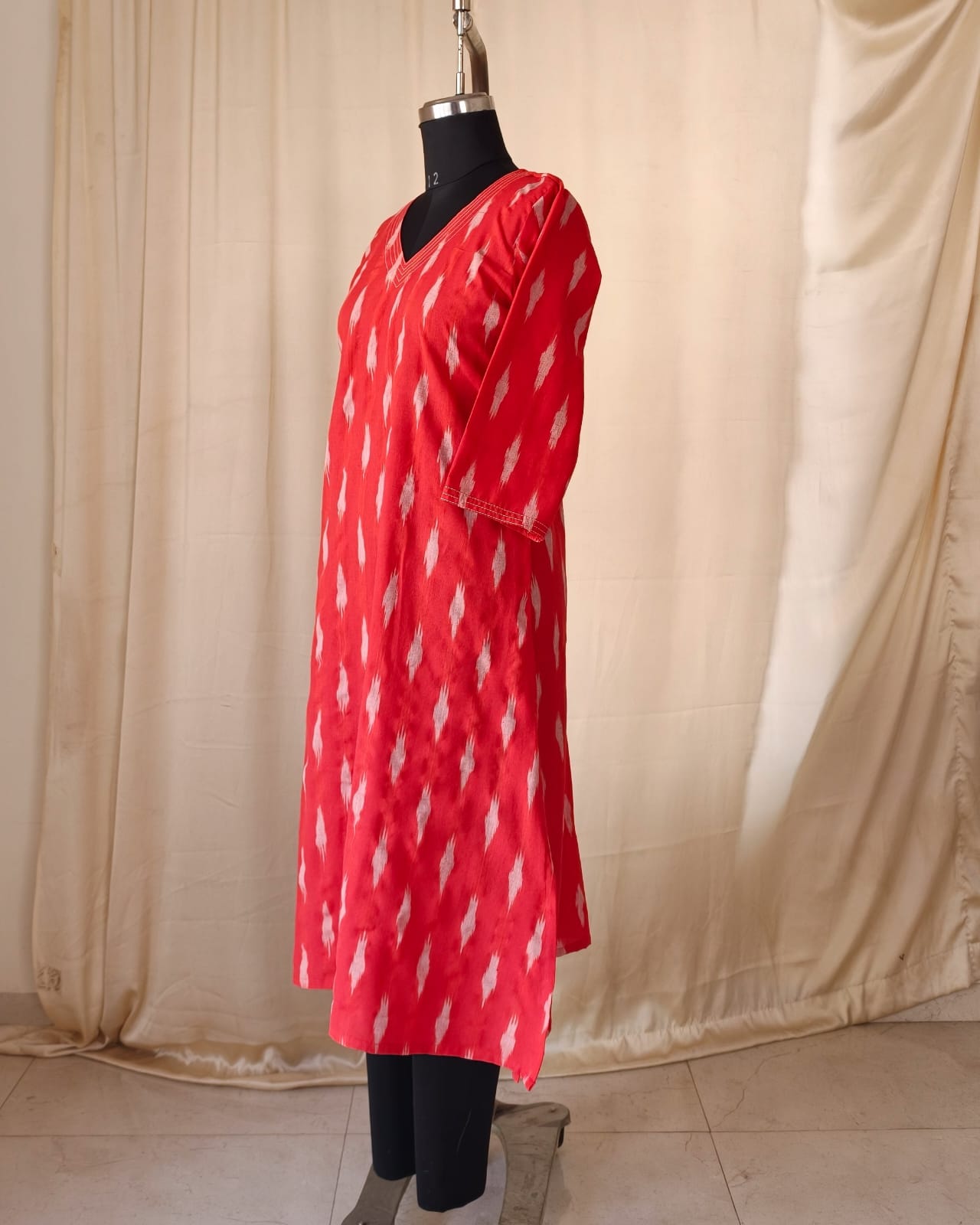 222	Red ikkat A line kurta with white detailing