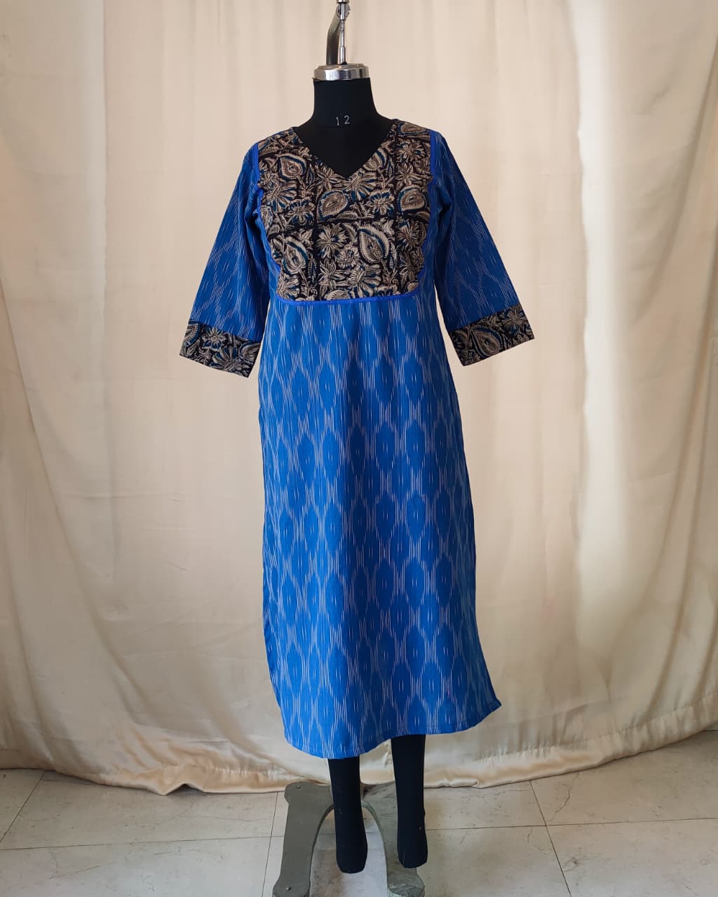 197	Blue ikkat kurta with kalamkari yoke patch
