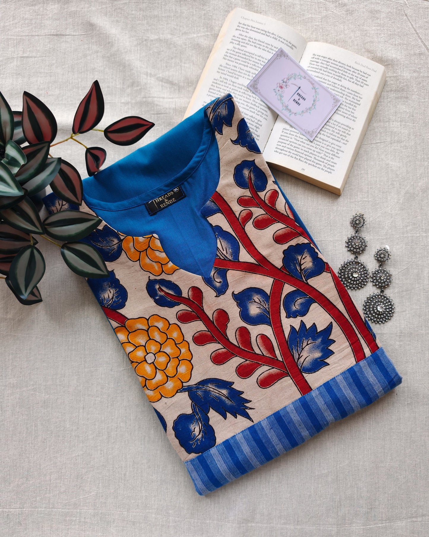292 Blue with kalamkari patch and blue stripes detailing