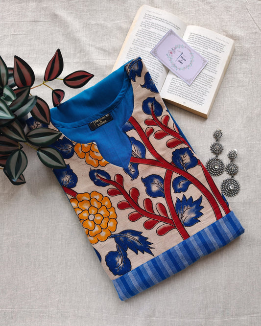 292 Blue with kalamkari patch and blue stripes detailing