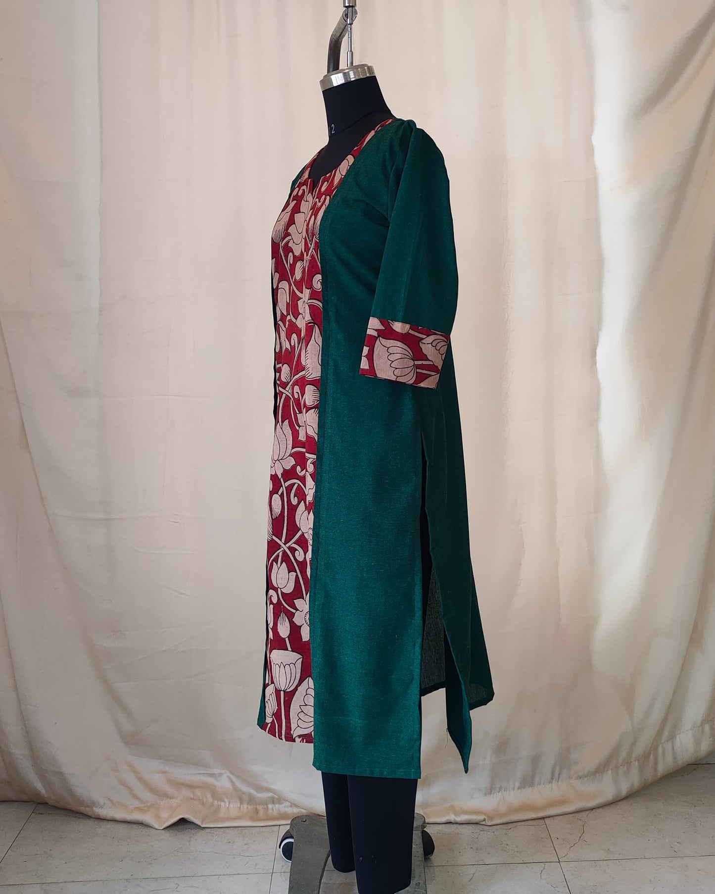198	Bottle green with kalamkari panel straight cut kurta