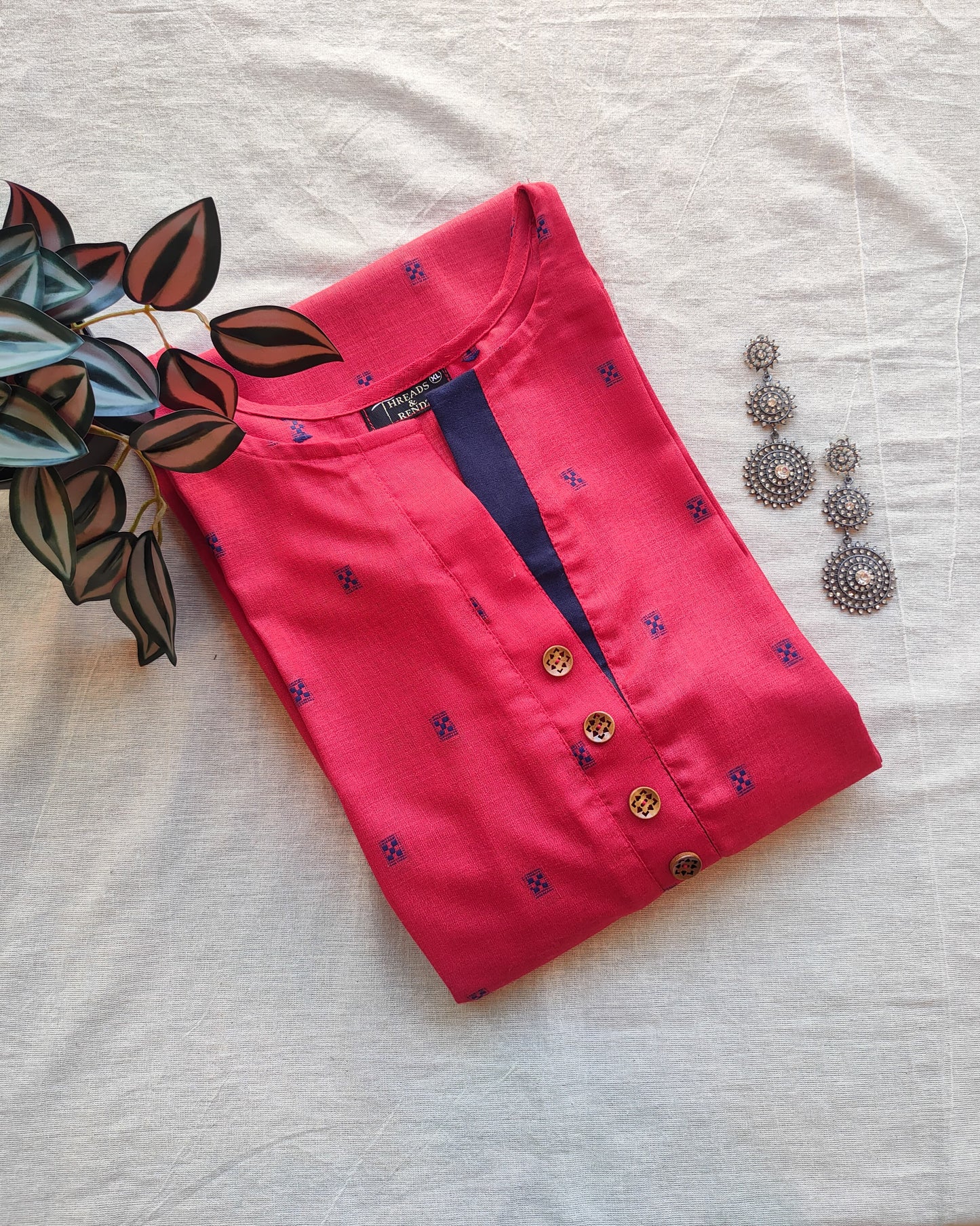 199 Red with Blue Butti Straight Cut Kurta