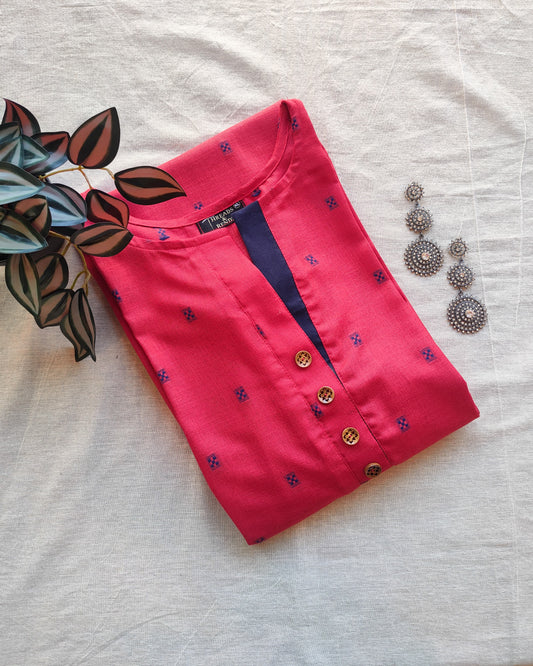 199 Red with Blue Butti Straight Cut Kurta