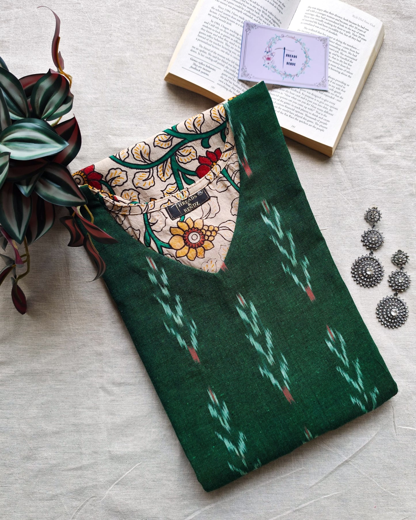 235 Cream floral kalamkari kurta with green ikkat yoke patch