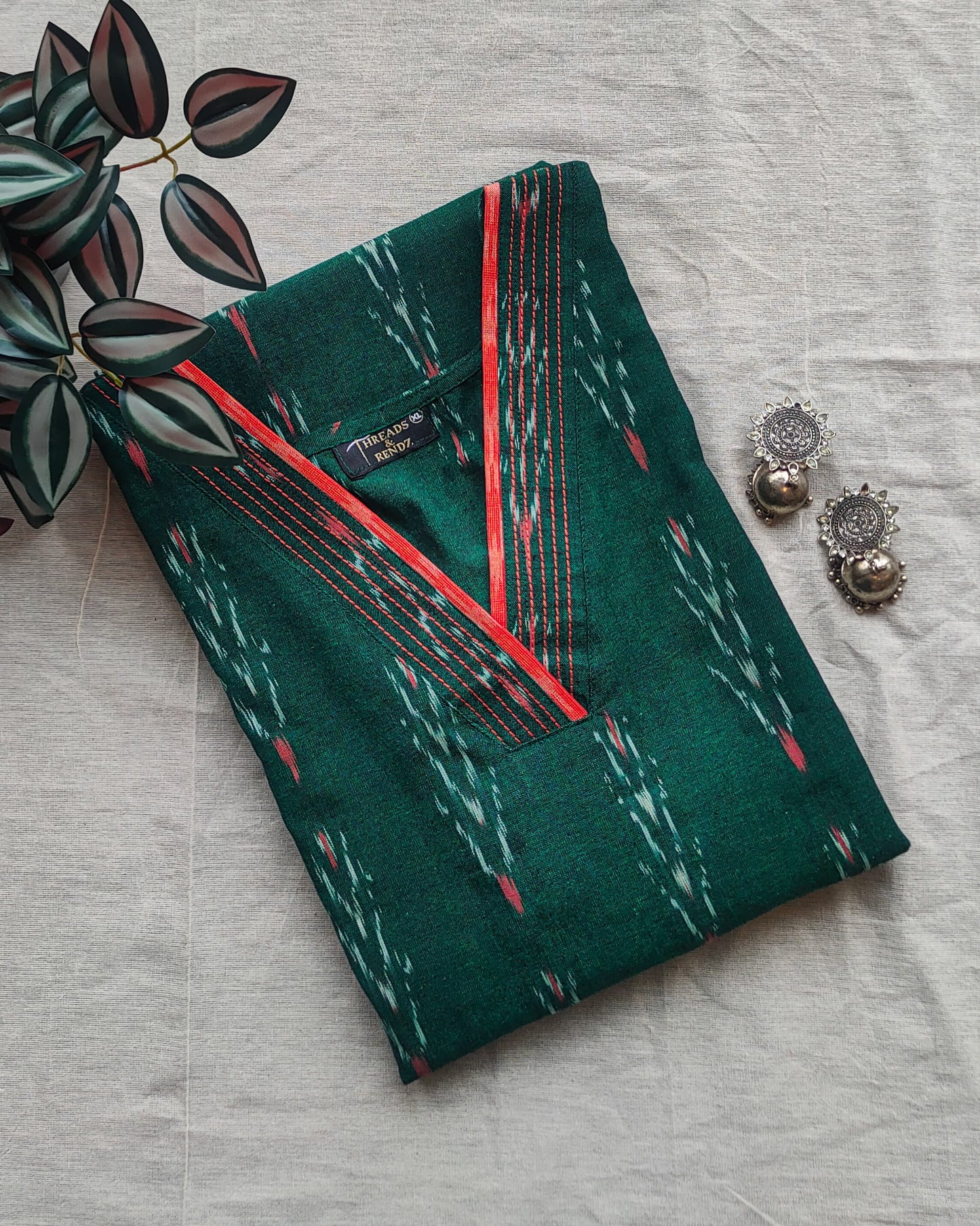 154 Bottle green ikkat kurta with orange detailing