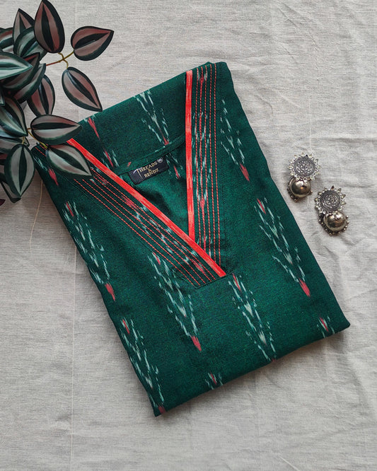 154 Bottle green ikkat kurta with orange detailing