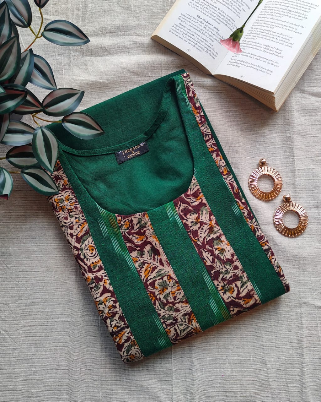 189 Bottle green kurta with ikkat and kalamkari patch