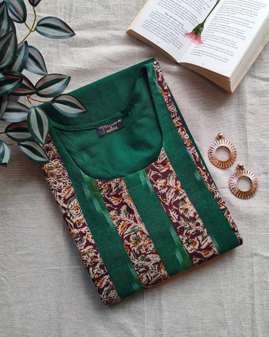 189 Bottle green kurta with ikkat and kalamkari patch
