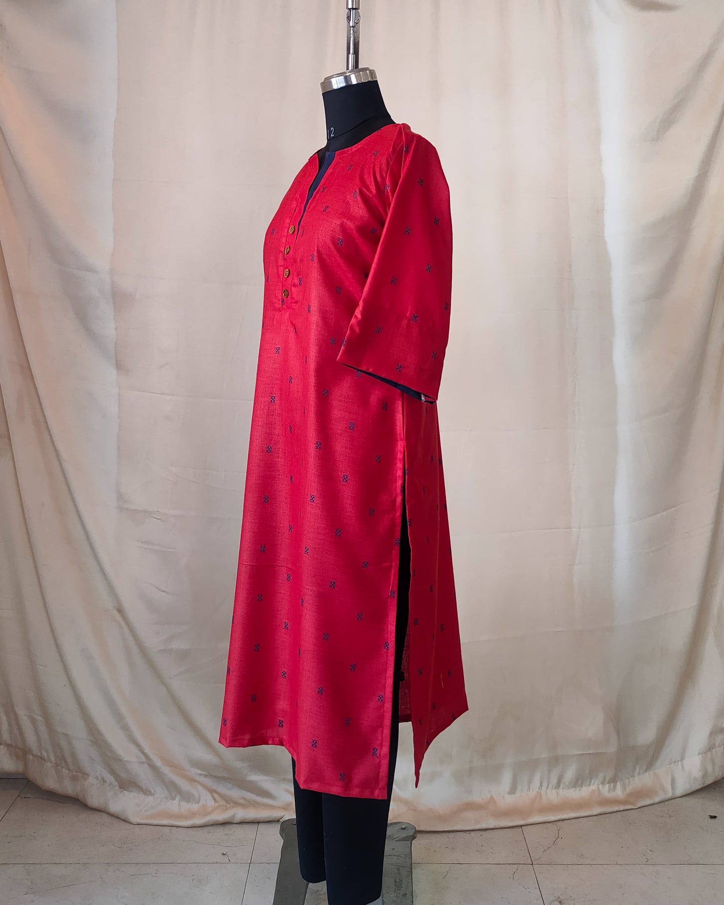 199 Red with Blue Butti Straight Cut Kurta