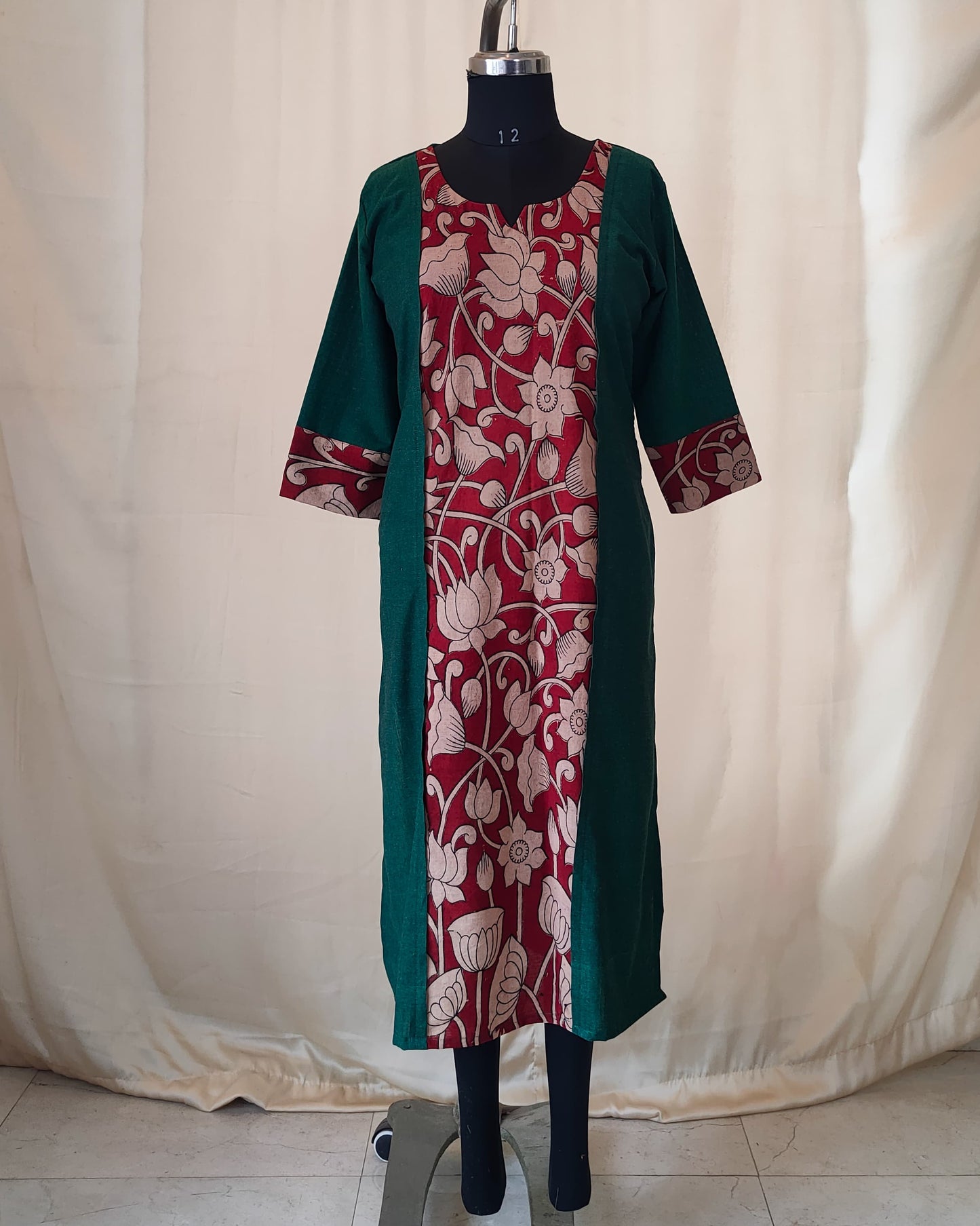198	Bottle green with kalamkari panel straight cut kurta