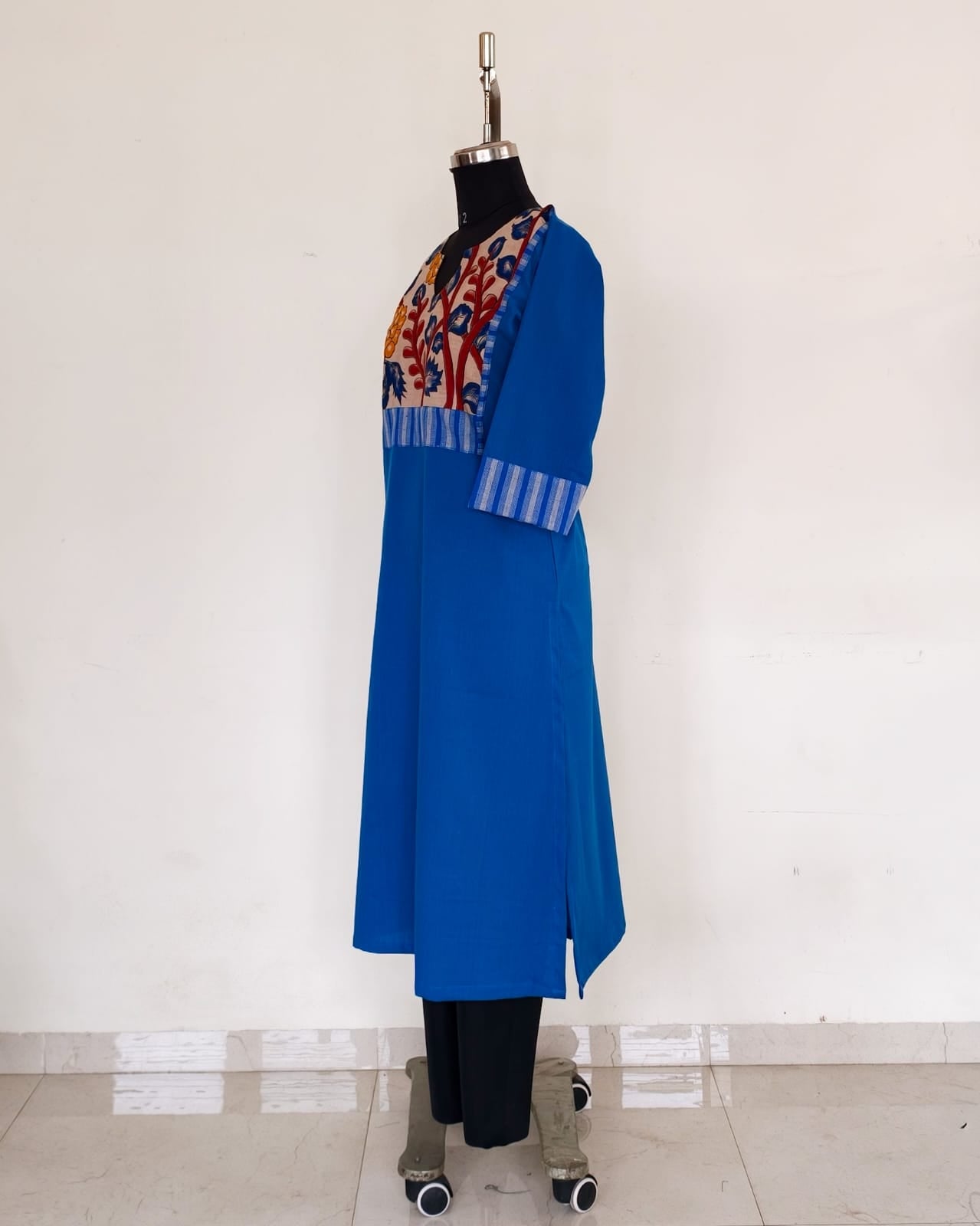 292 Blue with kalamkari patch and blue stripes detailing