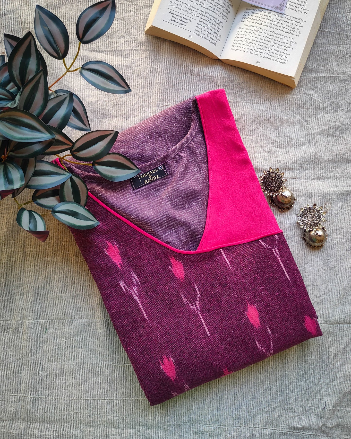 203	Purple soft cotton kurta with ikkat overlap pattern and tassels