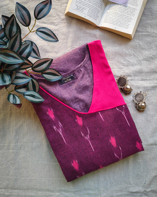 203	Purple soft cotton kurta with ikkat overlap pattern and tassels