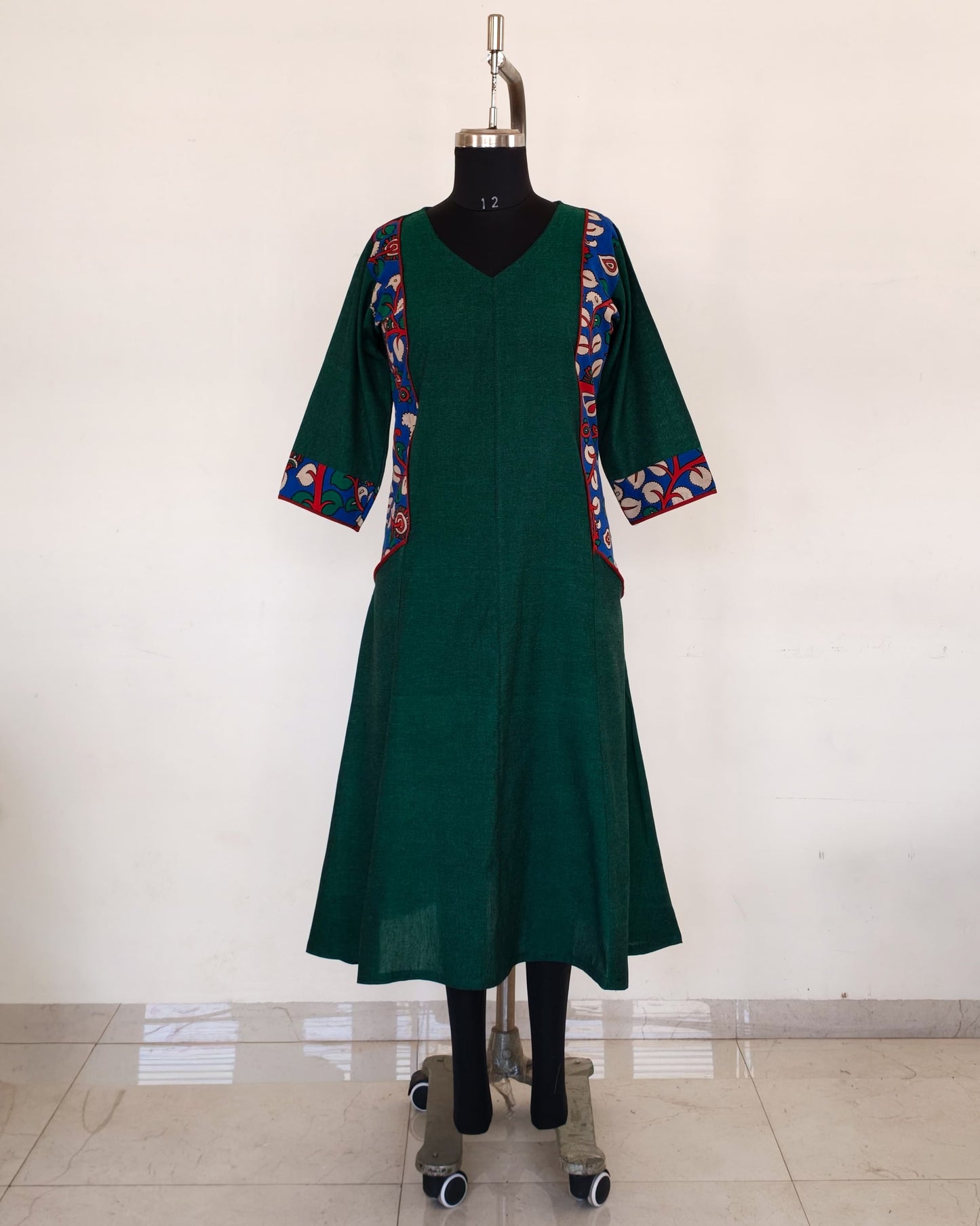 254 Bottle green A-Line with blue kalamkari panels