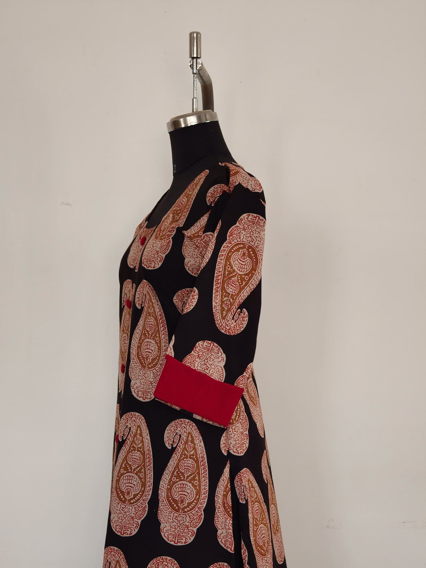 234 Black Bagru print kurta with Red buttons