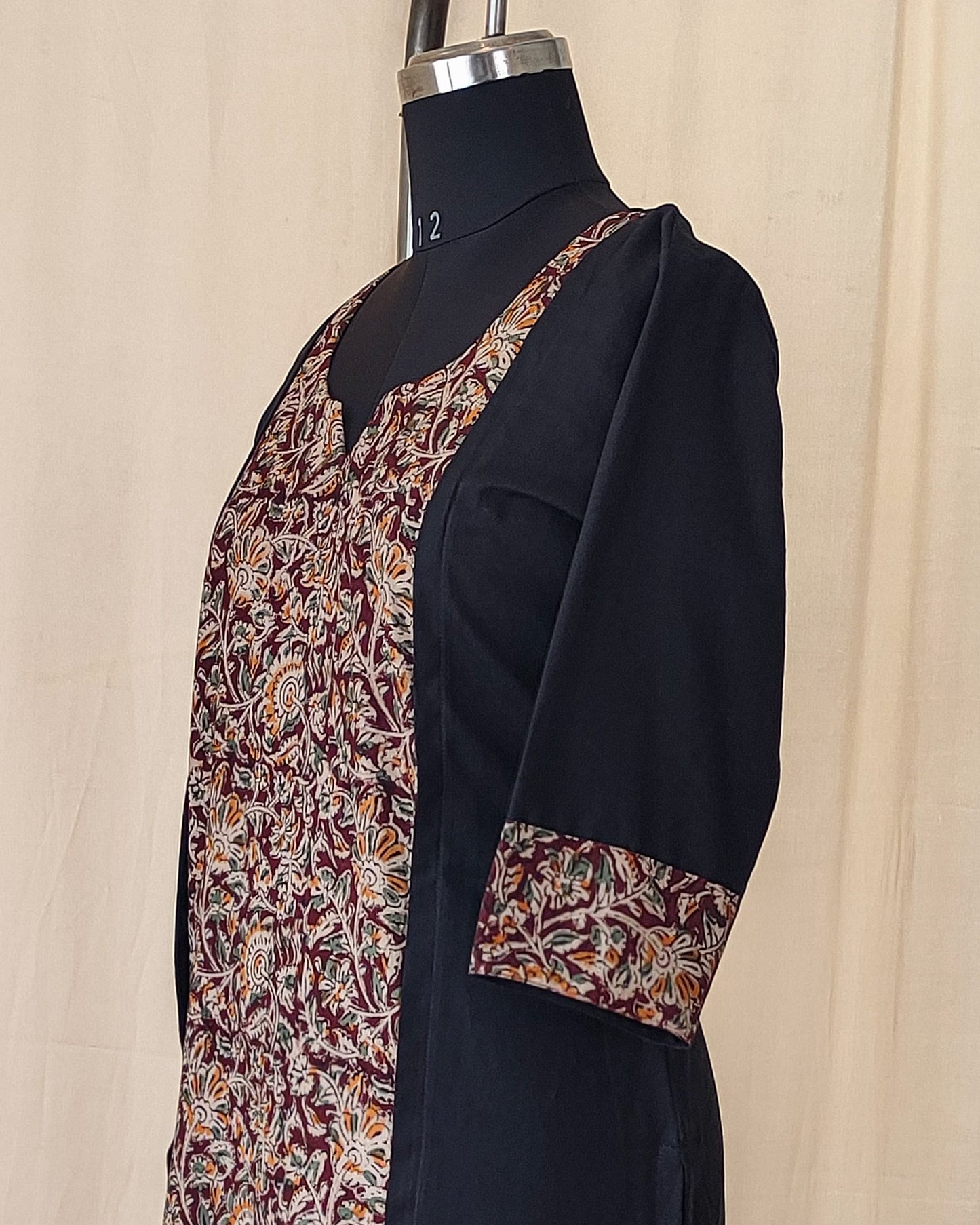 173 Black with maroon kalamkari panel pattern