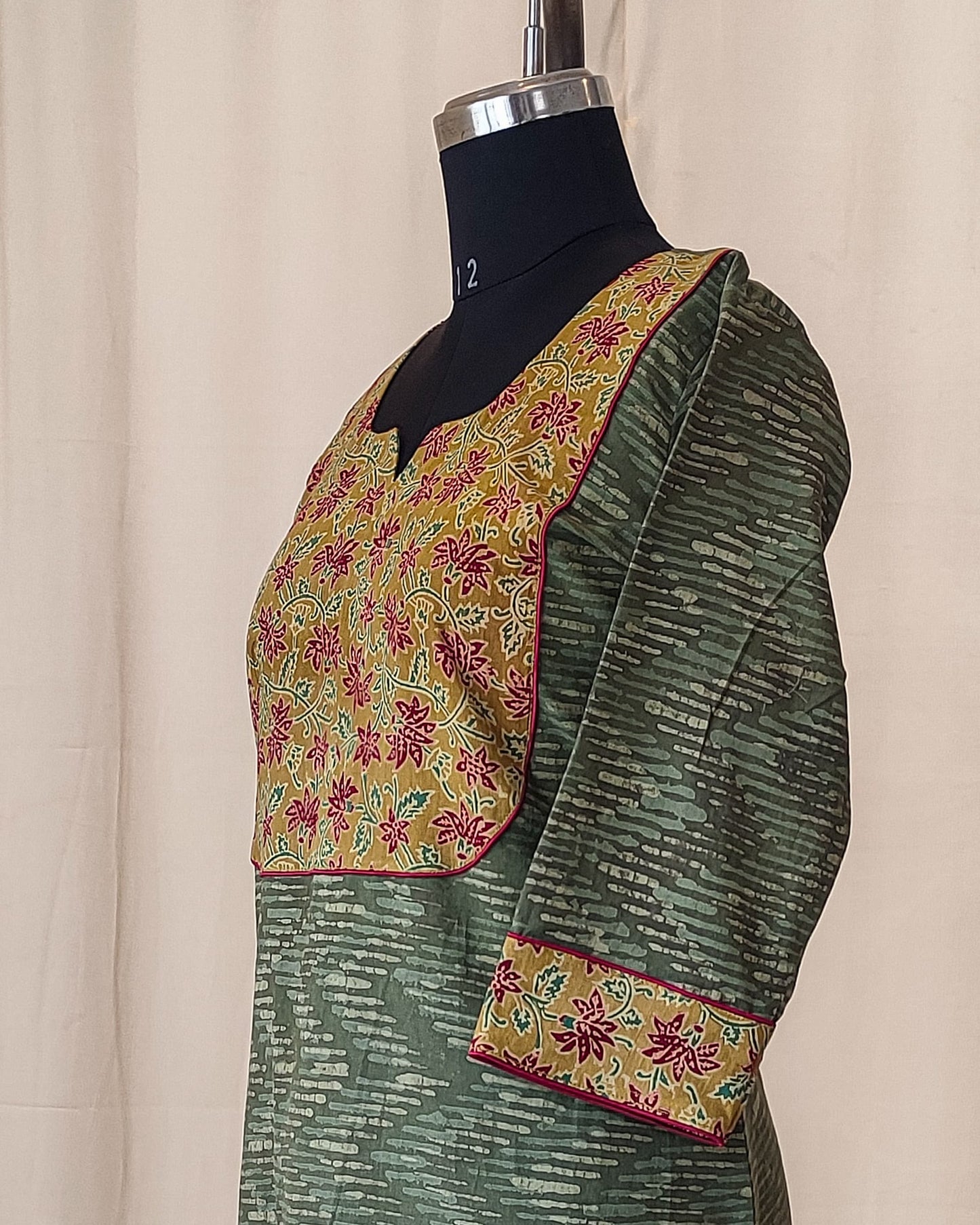 174 An Olive Green Kurta with Ajrakh Yoke Patch