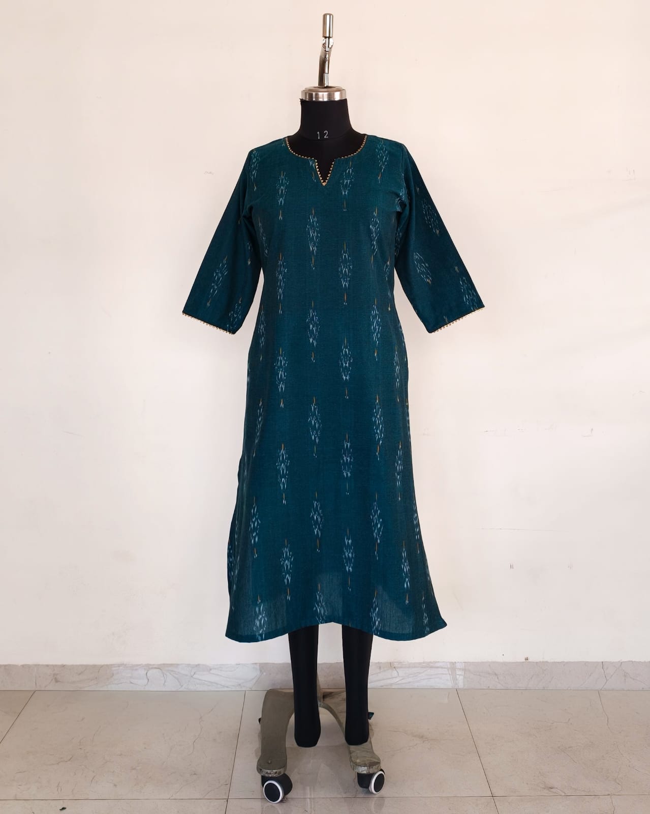 238 Peacock green ikkat kurta with lace