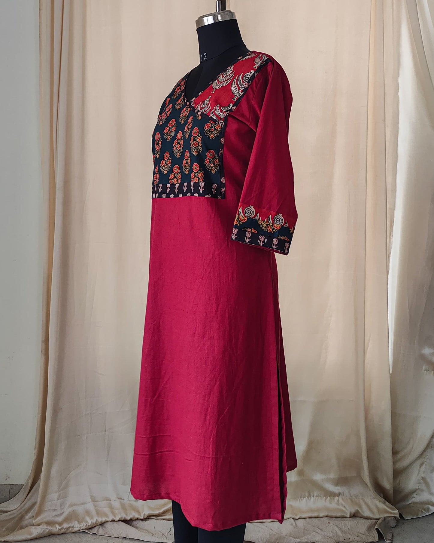 175 Maroon Kurta with a Multicoloured Yoke Patch