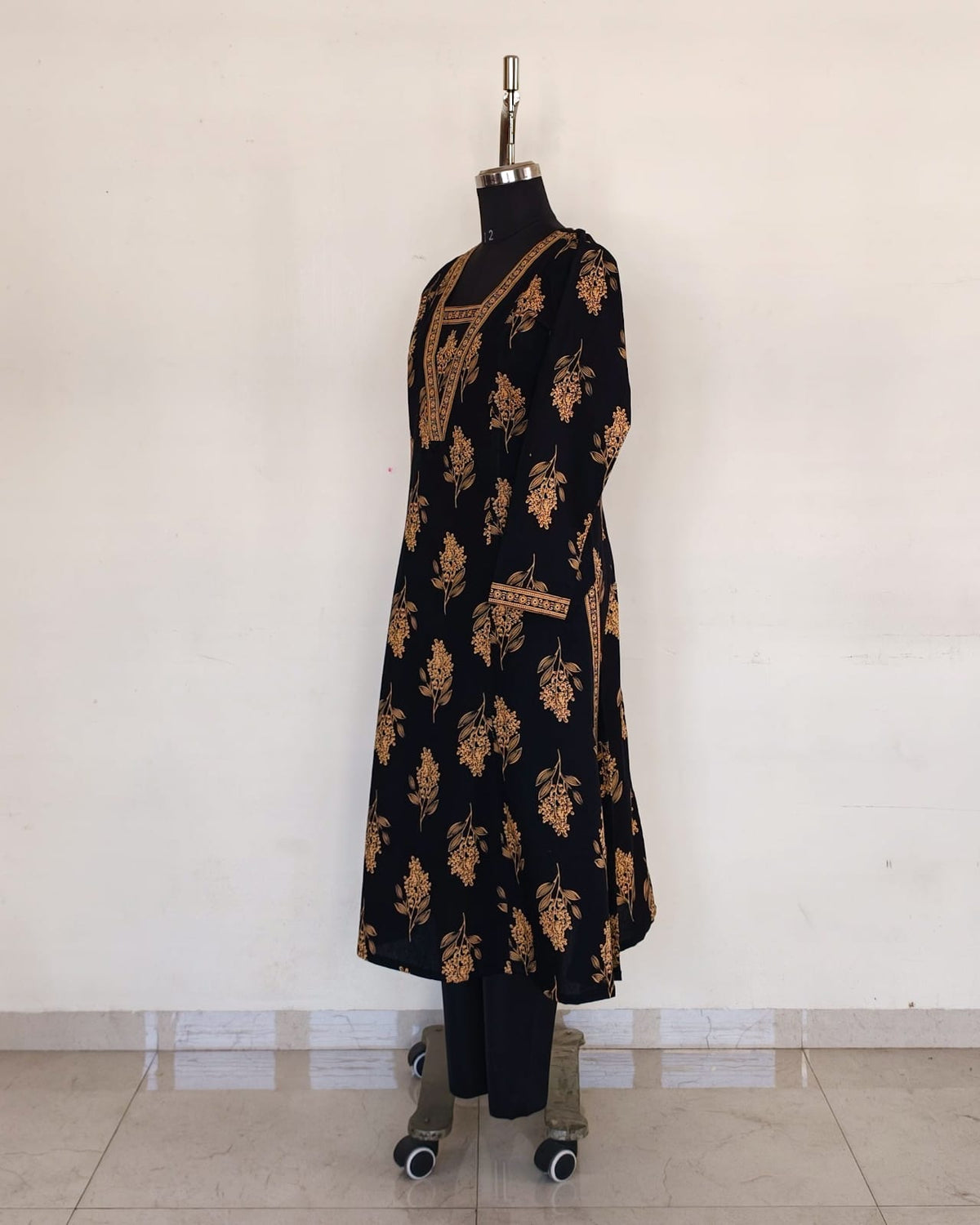 Black Printed A-Line Kurta With Border